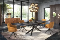 Drehbarer Design Stuhl EUPHORIA senfgelb Samt mit Armlehne Metallgestell schwarz