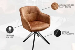 Drehbarer Design Stuhl EUPHORIA rost braun Samt mit Armlehne Metallgestell schwarz