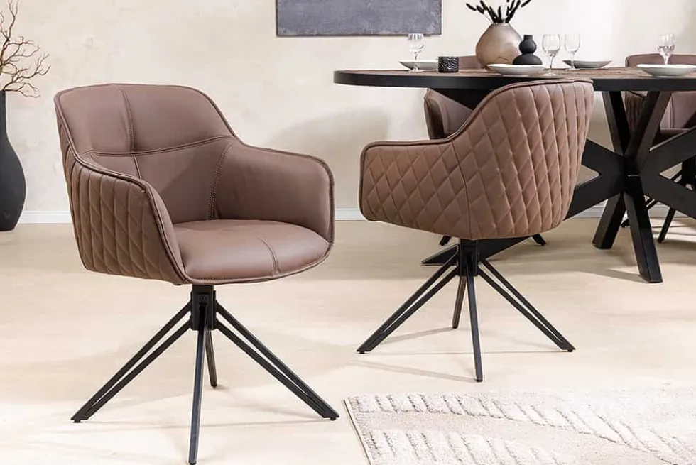 Drehbarer Design Stuhl EUPHORIA braun Echtleder schwarz Metallgestell mit Armlehne