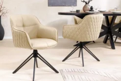 Drehbarer Design Stuhl EUPHORIA beige Echtleder schwarz Metallgestell mit Armlehne