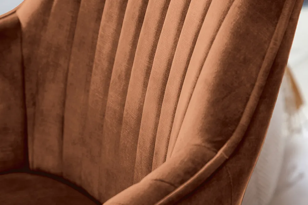 Drehbarer Design Stuhl LIVORNO rost braun Samt Buchenholz Beine mit Armlehnen