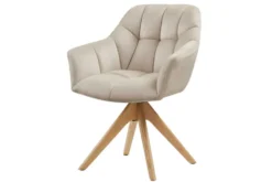 Drehbarer Design Stuhl PAPILLON beige Samt Eiche Massivholz mit Armlehnen