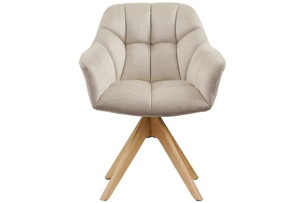 Drehbarer Design Stuhl PAPILLON beige Samt Eiche Massivholz mit Armlehnen