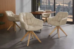 Drehbarer Design Stuhl PAPILLON beige Samt Eiche Massivholz mit Armlehnen