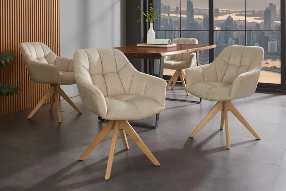 Drehbarer Design Stuhl PAPILLON beige Samt Eiche Massivholz mit Armlehnen