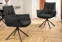 Drehbarer Design Stuhl SIGNATURE schwarz Echtleder 360° Taschenfederkern Metall
