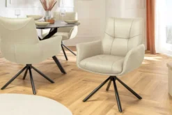 Drehbarer Design Stuhl SIGNATURE beige Echtleder 360° Taschenfederkern schwarz Metall