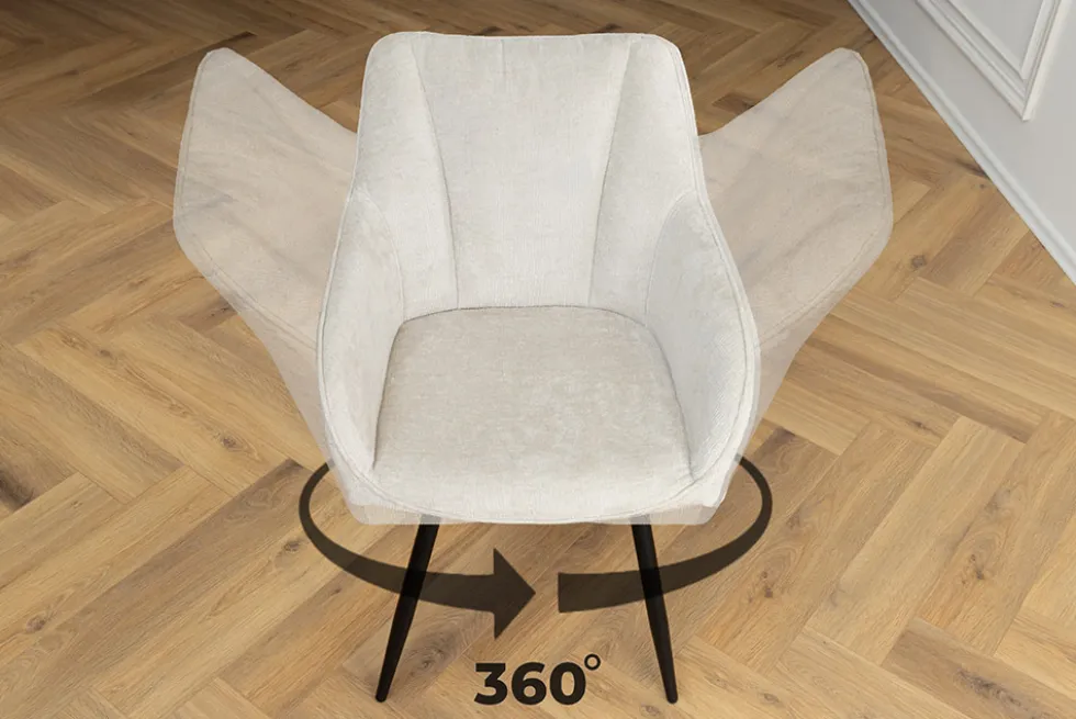 Drehbarer Retro Stuhl AVIGNON beige Chenille schwarze Metallbeine