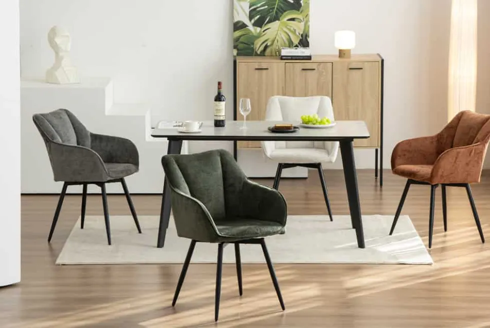 Drehbarer Retro Stuhl AVIGNON beige Chenille schwarze Metallbeine