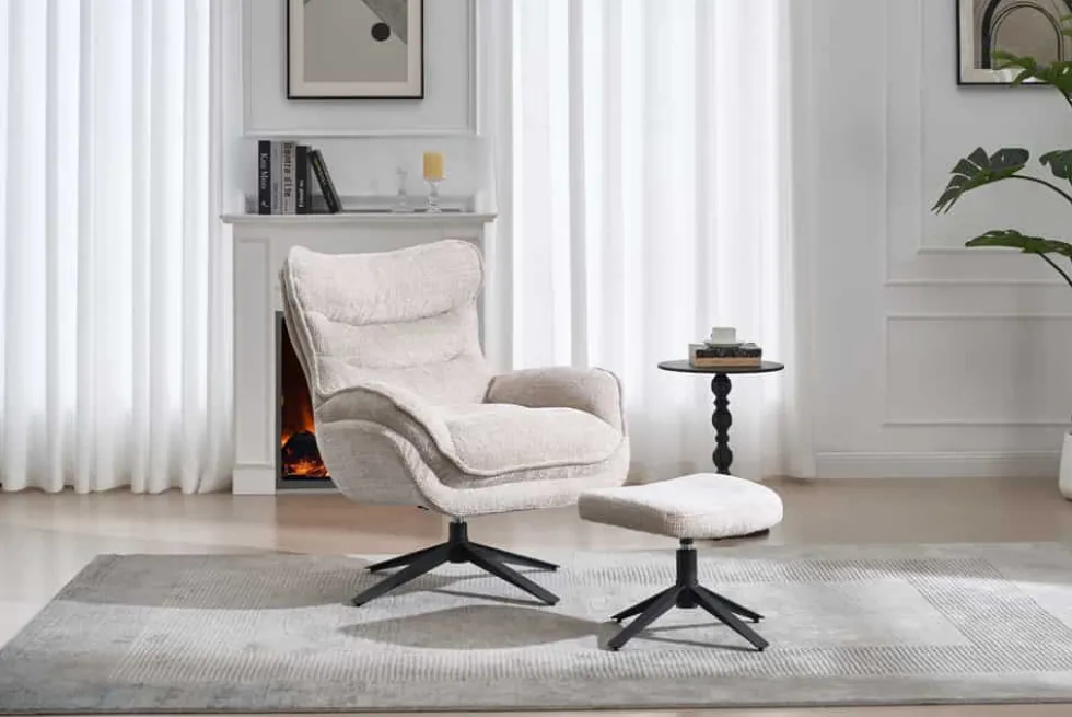 Drehbarer Sessel CLOUD champagner beige Chenille schwarz Metall