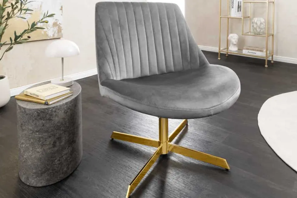Drehbarer Sessel LOUNGER grau gold Samt Modern Design