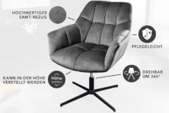 Drehbarer Sessel PAPILLON grau Samt schwarz Metall höhenverstellbar mit Armlehne