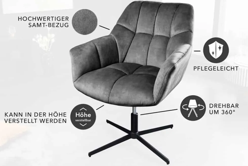 Drehbarer Sessel PAPILLON grau Samt schwarz Metall höhenverstellbar mit Armlehne