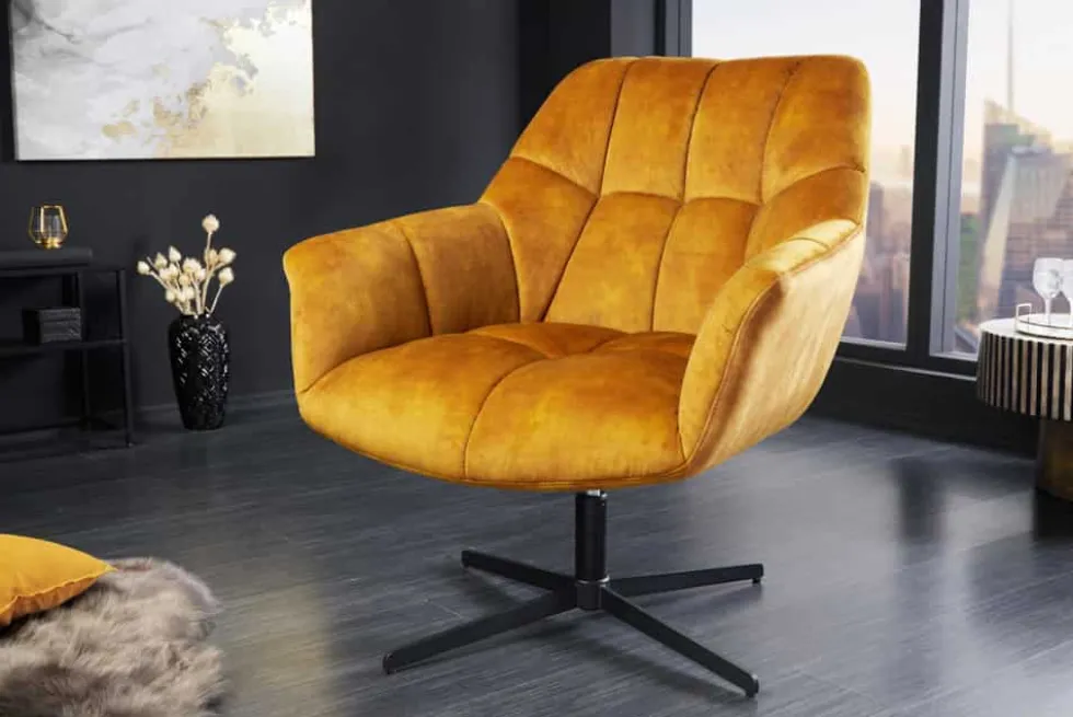 Drehbarer Sessel PAPILLON senfgelb Samt schwarz Metall höhenverstellbar mit Armlehne