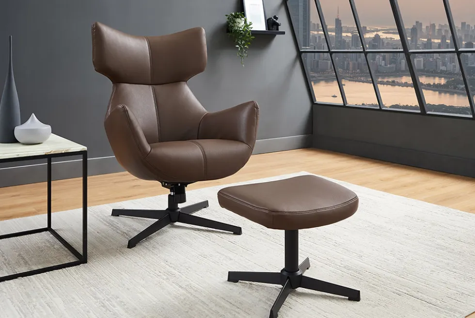 Drehbarer Sessel VOGUE brandy braun Kunstleder schwarze Metallbeine mit Armlehne