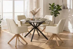 Drehbarer Stuhl ALMARA beige sand Echtleder 360° Taschenfederkern natur Eiche Massivholz