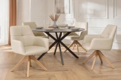 Drehbarer Stuhl ALMARA beige sand Echtleder 360° Taschenfederkern natur Eiche Massivholz