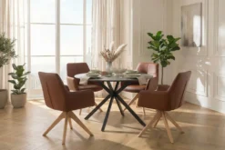 Drehbarer Stuhl ALMARA cognac braun Echtleder 360° Taschenfederkern Eiche Massivholz