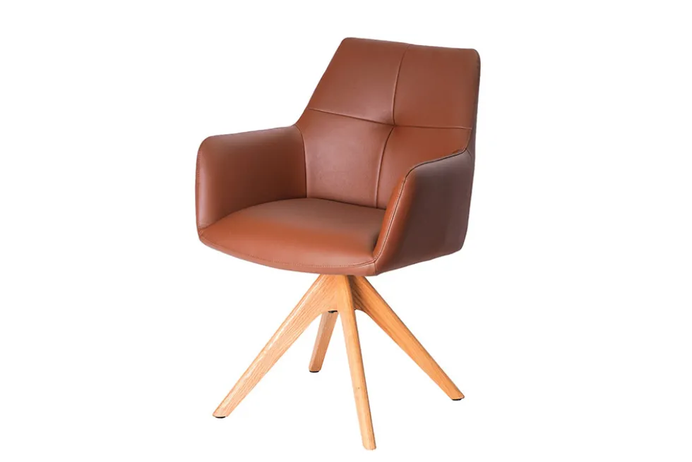 Drehbarer Stuhl ALMARA cognac braun Echtleder 360° Taschenfederkern Eiche Massivholz