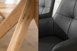 Drehbarer Stuhl ALMARA schwarz Echtleder 360° Taschenfederkern natur Eiche Massivholz