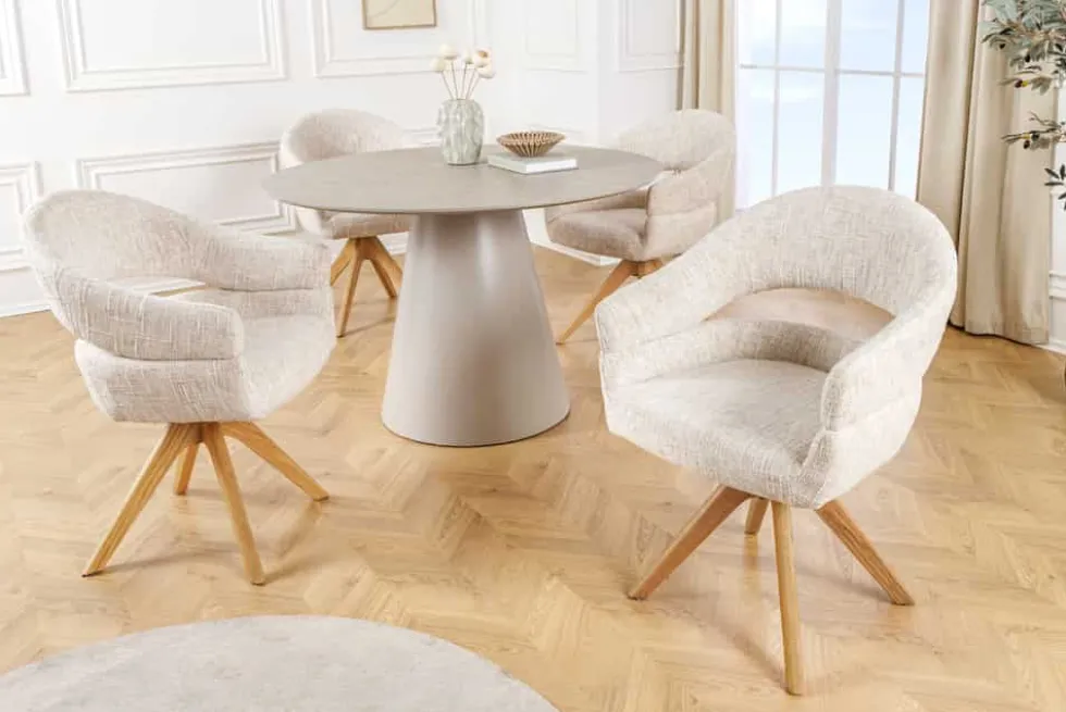 Drehbarer Stuhl ORGANIKO beige Chenillestoff Holzgestell Eiche mit Armlehne