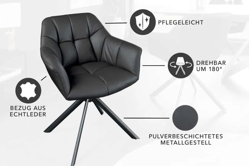 Drehbarer Stuhl PAPILLON schwarz Echtleder mit Armlehne schwarzes Gestell