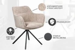 Drehbarer Stuhl VERONA champagner beige Strukturstoff mit Armlehne Metallbeine schwarz