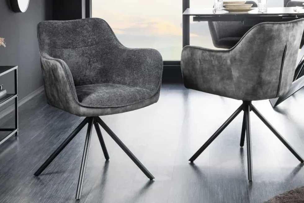 Drehbarer Stuhl VERONA dunkelgrau Samt Strukturstoff mit Armlehne Metallbeine schwarz
