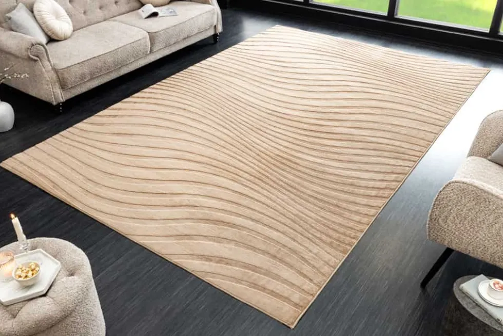 3D strukturierter Kurzflor XXL Teppich WAVE 350x235cm beige Hoch-Tief-Effekt