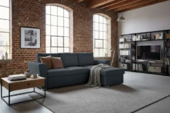 Ecksofa mit Schlaffunktion APARTMENT beidseitig aufbaubar grau Strukturstoff inkl. Stauraum