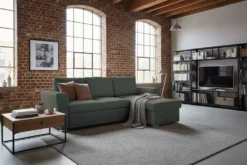Ecksofa mit Schlaffunktion APARTMENT beidseitig aufbaubar grün Strukturstoff inkl. Stauraum