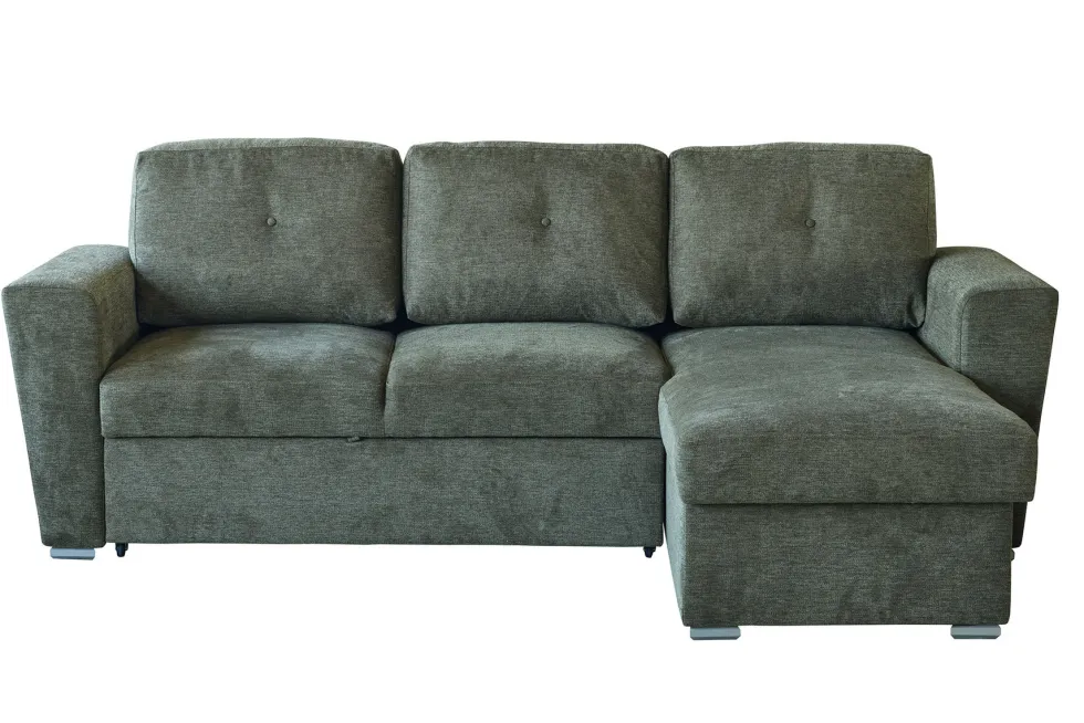 Ecksofa mit Schlaffunktion APARTMENT beidseitig aufbaubar grün Strukturstoff inkl. Stauraum