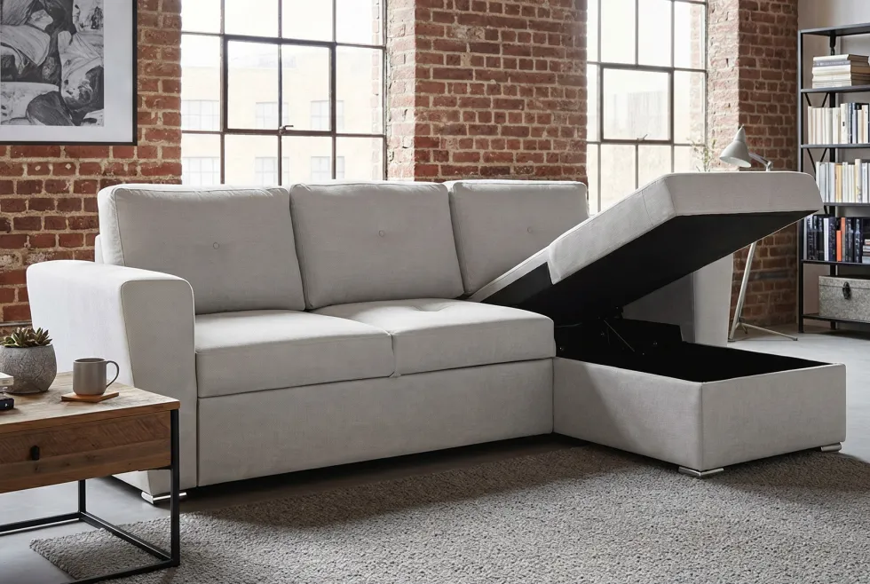 Ecksofa mit Schlaffunktion APARTMENT beidseitig aufbaubar beige Strukturstoff inkl. Stauraum