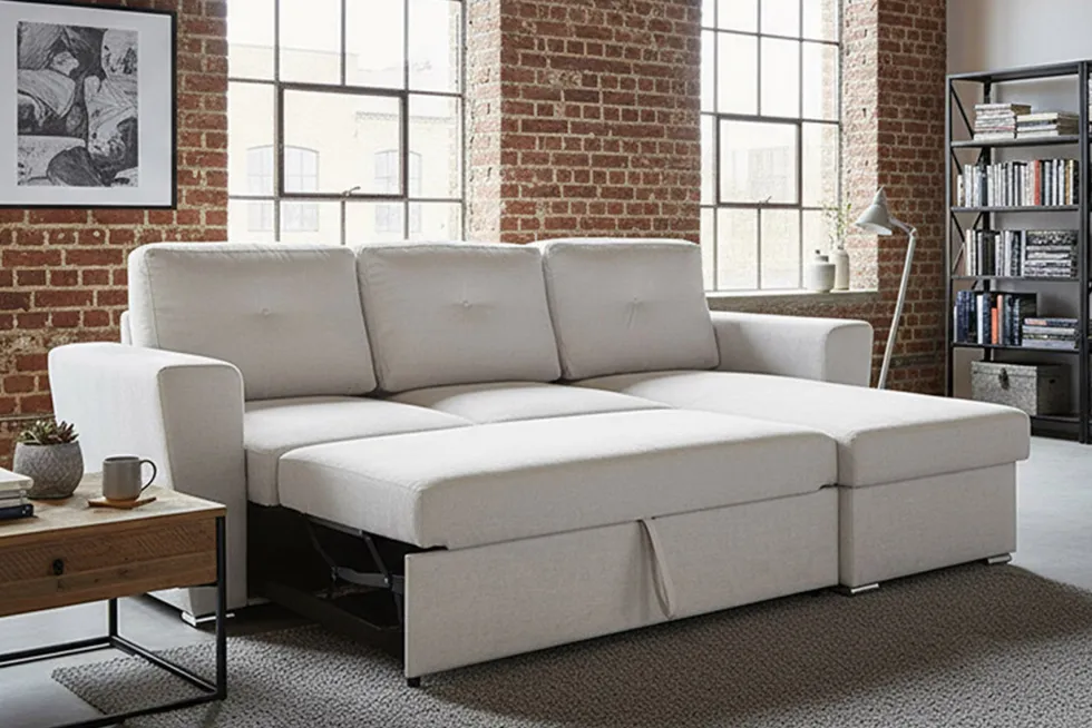 Ecksofa mit Schlaffunktion APARTMENT beidseitig aufbaubar beige Strukturstoff inkl. Stauraum