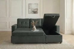 Ecksofa mit Schlaffunktion APARTMENT beidseitig aufbaubar grün Cord inkl. Stauraum