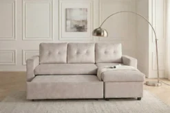 Ecksofa mit Schlaffunktion APARTMENT beidseitig aufbaubar champagner beige Samt inkl. Stauraum