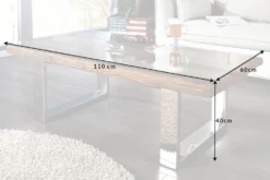 Eindrucksvoller Couchtisch BARRACUDA 110cm antik Teakholz mit Kufengestell und Glas