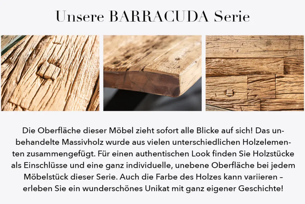 Eindrucksvoller Couchtisch BARRACUDA 110cm antik Teakholz mit Kufengestell und Glas