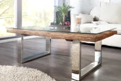 Eindrucksvoller Couchtisch BARRACUDA 110cm antik Teakholz mit Kufengestell und Glas