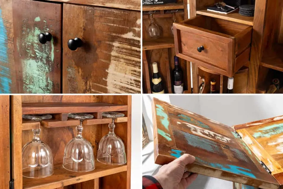 Einzigartiger Barschrank JAKARTA 100cm natur bunt recyceltes Massivholz aus Fischerbooten