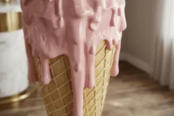 Einzigartiger Bartisch ICE CREAM 105cm beige rosa runde Tischplatte Glas handmade
