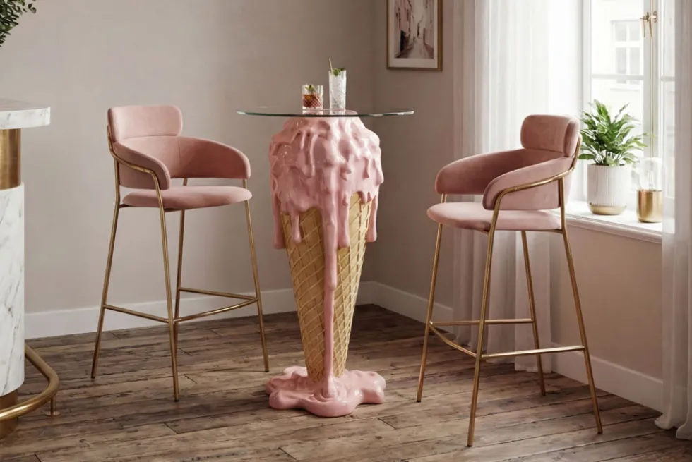 Einzigartiger Bartisch ICE CREAM 105cm beige rosa runde Tischplatte Glas handmade
