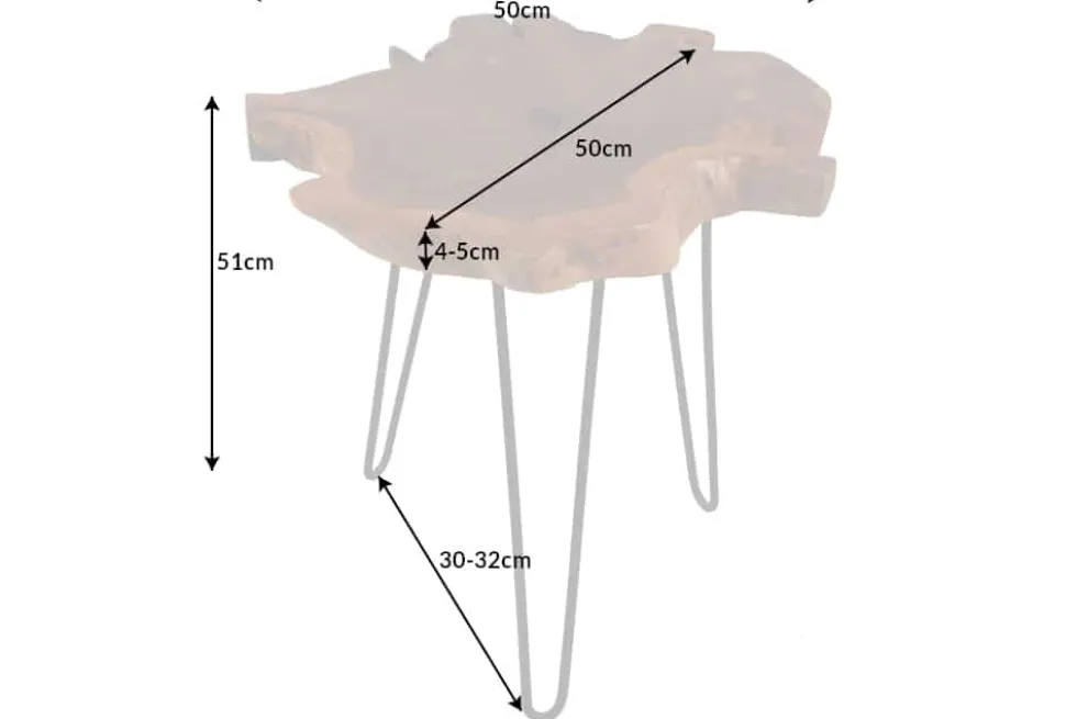 Einzigartiger Beistelltisch WILD 50cm Teak Massivholz Baumscheibe Metallbeine schwarz