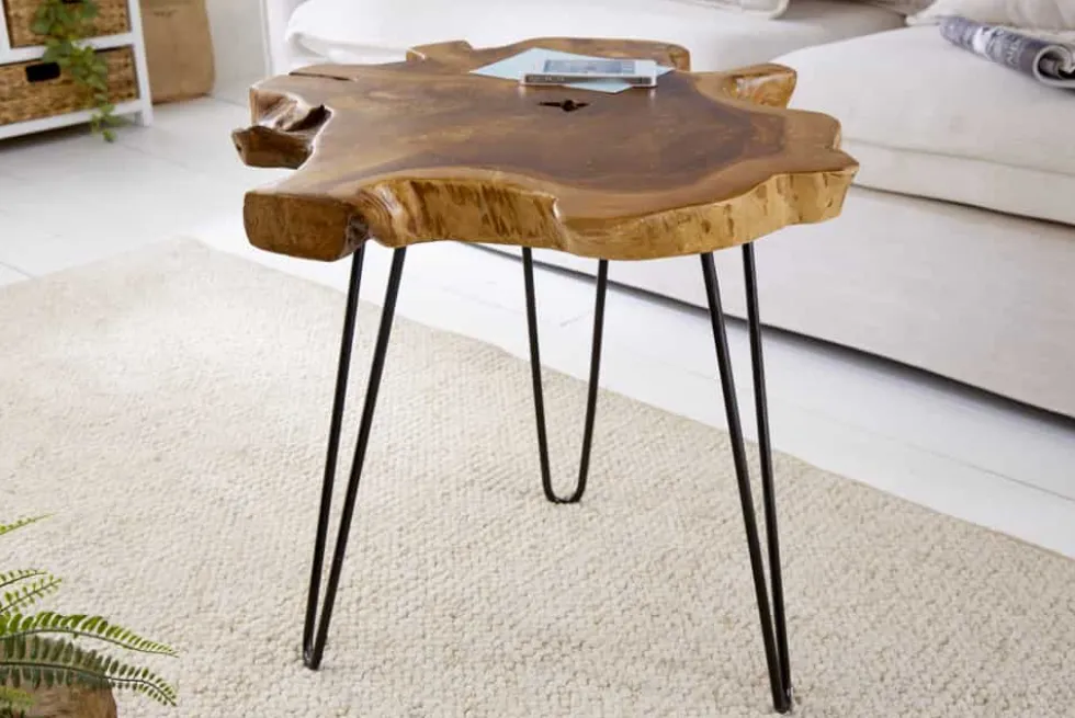 Einzigartiger Beistelltisch WILD 50cm Teak Massivholz Baumscheibe Metallbeine schwarz