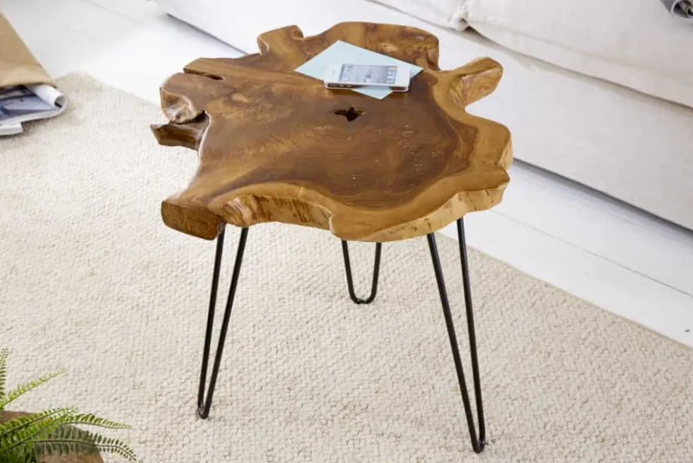Einzigartiger Beistelltisch WILD 50cm Teak Massivholz Baumscheibe Metallbeine schwarz