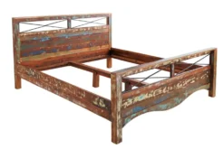 Einzigartiges Bett JAKARTA 185cm braun bunt aus recycelten Fischerbooten Massivholz