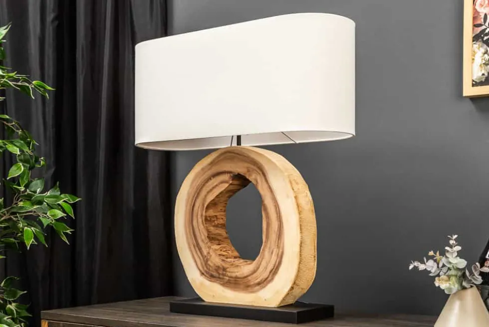 Einzigartige Tischlampe ORGANIC ARTWORK 65cm natur creme weiß Regenbaum mit Leinenschirm