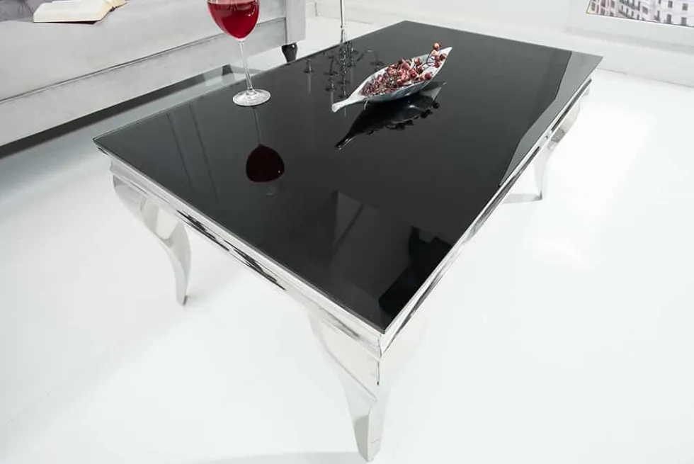 Eleganter Couchtisch MODERN BAROCK 100cm silber mit schwarzem Opalglas