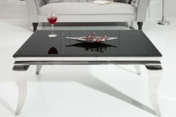 Eleganter Couchtisch MODERN BAROCK 100cm silber mit schwarzem Opalglas