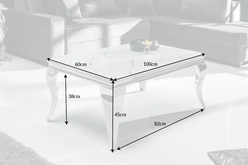 Eleganter Couchtisch MODERN BAROCK 100cm Glasplatte in Marmoroptik Edelstahlbeine